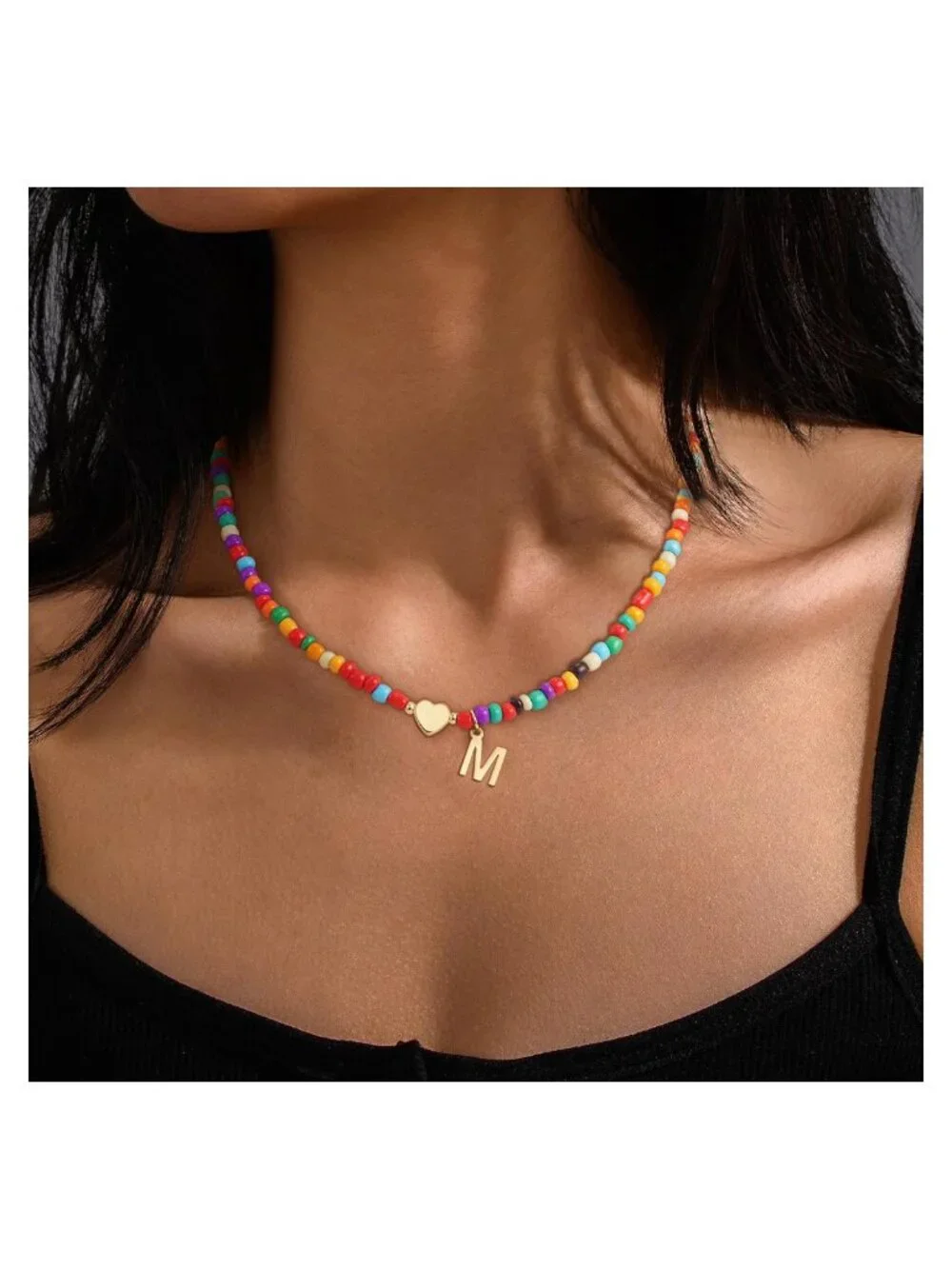Heart Initial Beaded Necklace Girls Boho Choker 16+2 Inch